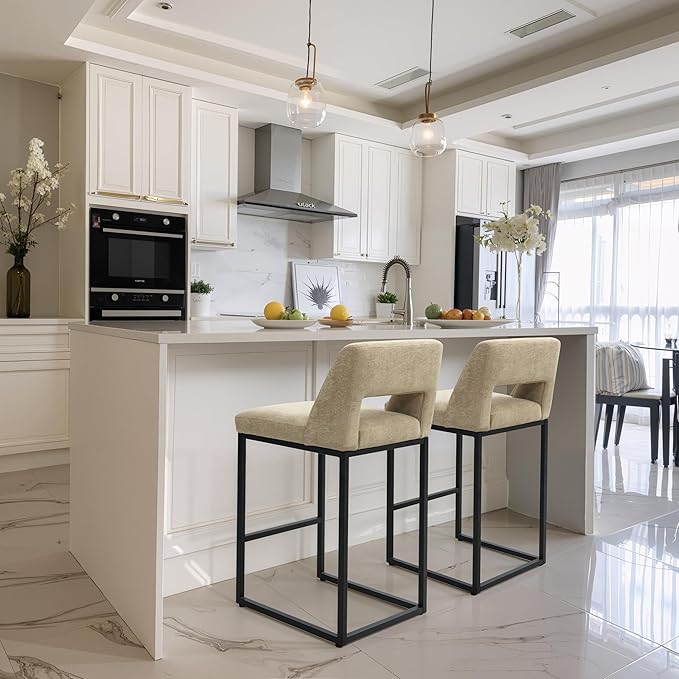 Counter Height Bar Stools Set of 3 for Kitchen Counter Modern Bar Chairs with Backs for Kitchen Island with Upholstered Fabric Seat and Metal Frame, Khaki, 26 Inch