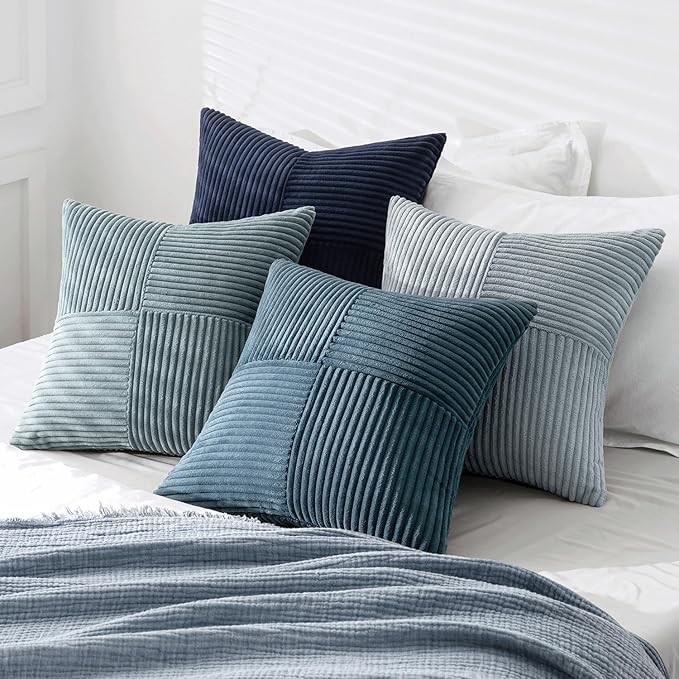MIULEE Dusty Blue Navy Farmhouse Throw Pillow Covers 18x18 Inch Set of 4 Boho Patchwork Gradient Cushion Cases Western Modern Pillow Cases Corduroy Home Decor for Couch Sofa Living Room Bed