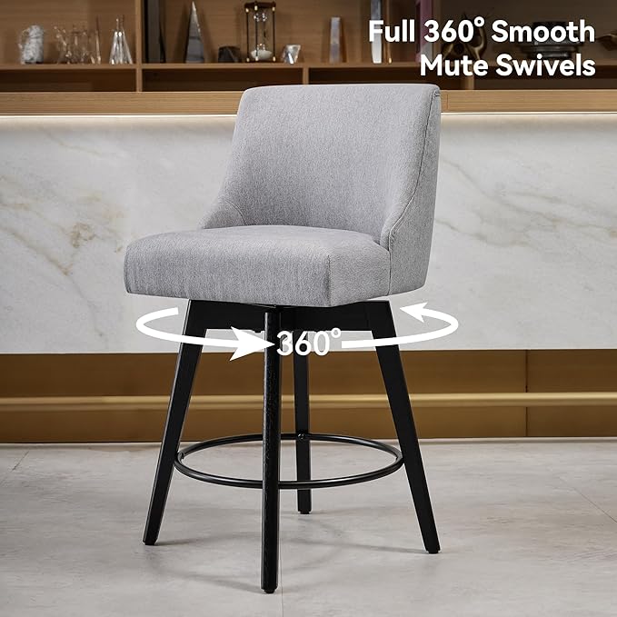 Vipbear Counter Height Bar Stools Set of 2, 26" H Swivel Bar Stools with Backs, Linen Fabric Upholstered Bar Chairs with Solid Wood Legs for Kitchen Island, Dining Room, Home Bar, Light Grey