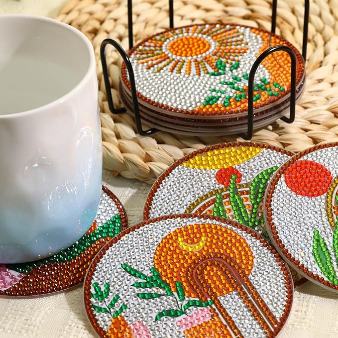 8 PCS Boho Diamond Art Coasters Kits, Diamond Painting Coasters with Holder Set of 8, DIY Drink Coasters Art Crafts Supplies for Adults Cup Mat for Home Decor House Warming Gifts Non-Slip 3.9inch
