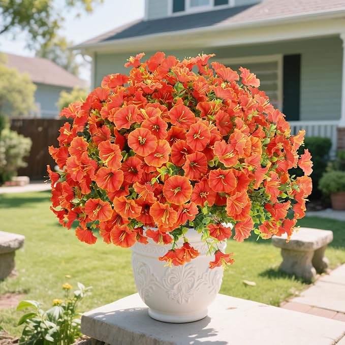 12 Bundles Fall Flowers Artificial for Decoration, Fake Flowers Artificial Plants Outdoor, Colorful Faux Morning Glory Realistic UV Resistant for Garden Patio Porch Home Decor (Orange)