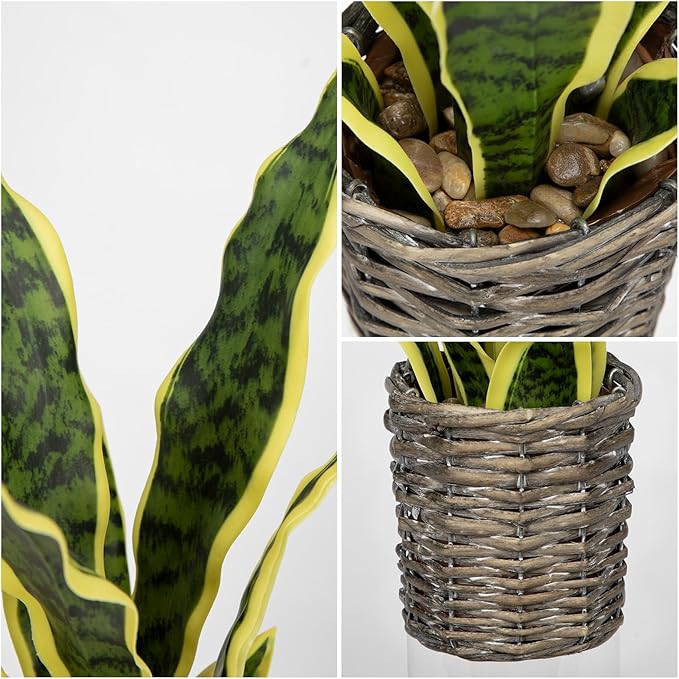 DILATATA Artificial Snake Plant 15 Inch Fake Sansevieria with Woven Basket Pot, Fake Mother in Law Plants Faux Potted Plant Greenery for Home Office Decor Indoor - Yellow