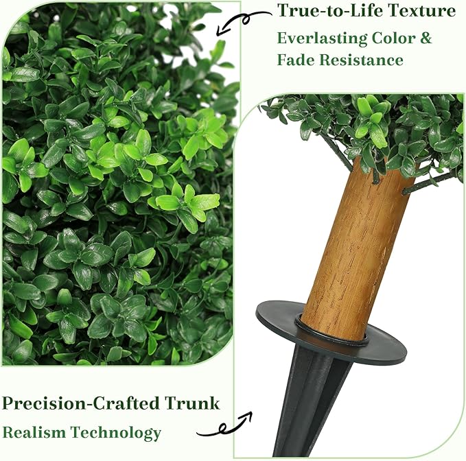 25.6'' Artificial Plants Outdoor with Spike, UV Resistant Boxwood Topiary Ball Fake Plants, Outdoor Faux Plants for Balcony Yard Garden Entryway Front Door Decor Home Decor Porch Decor, 2 Pack