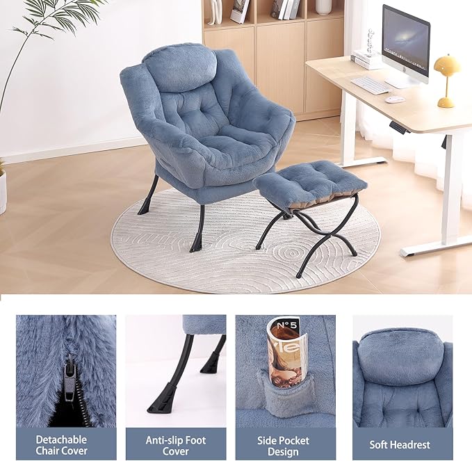LITA Lazy Chair with Ottoman, Modern Accent Leisure Upholstered Sofa Chair, Lounge Reading Chair with Armrests and a Side Pocket for Living Room, Bedroom & Small Space, Plush Light Blue