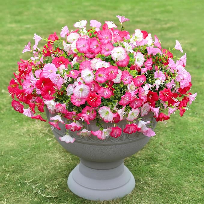 Artificial Flowers for Outdoor, Fake Flowers Faux Plants for Outside Indoor, 4PCS Summer Decor, Morning Glory Petunia UV Resistant, for Garden Porch Window Box Home Planters (Dark Pink&White Bulk)