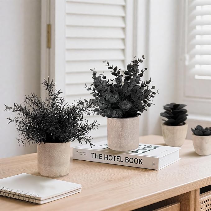 ALAGIRLS 4 Packs Fake Plants Small Artificial Plants Indoor Black Eucalyptus Rosemary Succulents Plants Potted Faux Plants for Home Indoor Office Bathroom Living Room Decor