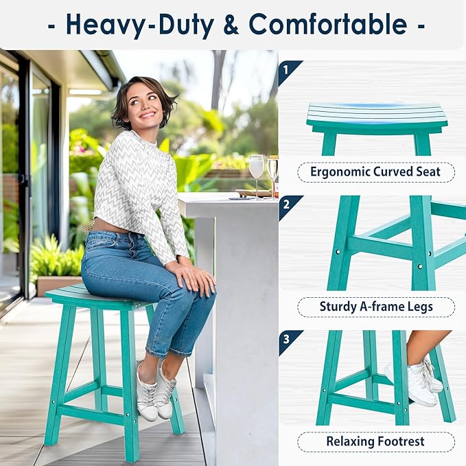 nalone 24 Inch Outdoor Bar Stools Set of 2, HDPE Bar Chairs with Footrest, Weather Resistant Barstools Outside Counter Height Stools for Patio, Balcony (Aruba, 24'' Barstools Set of 2)