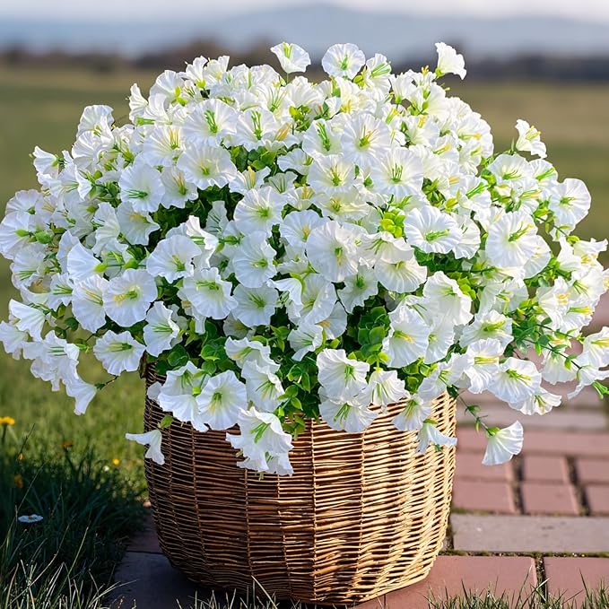 Ouddy Decor 24 Bundles Artificial Flowers for Outdoors Decoration Fake Silk Morning Glory Flowers Faux Eucalyptus Plants UV Resistant for Porch Patio Garden Spring Summer Home Decor, White