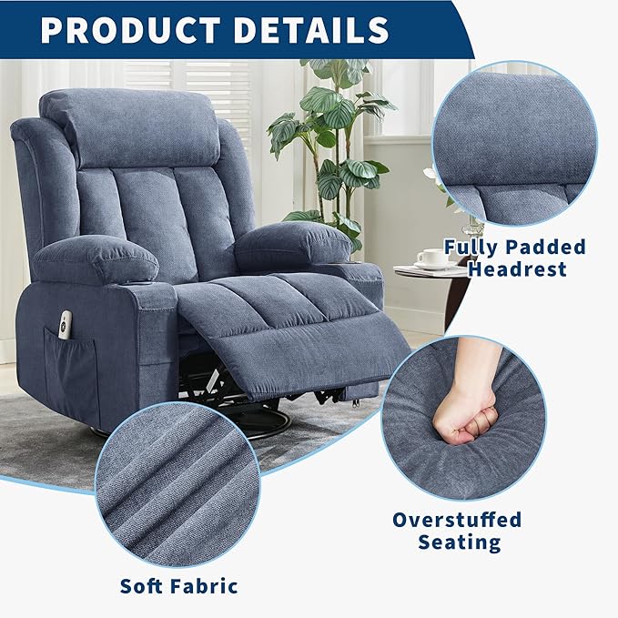 GarveeHome 360° Swivel Rocker Recliner Chair with Heat Massage, Widen Overstuffed Single Sofa Lounge Chair with 3 Positions 2 Side Pockets Cup Holders USB Ports Remote Control Blue