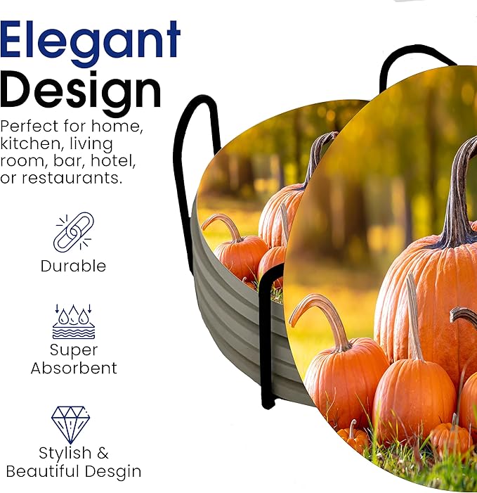 Fall Season Leaves Round Coasters Set of 6 - Abosrbent Ceramic Coasters with Metal Stand for Drinks, Coffee, Non-Slip Cork Back for Tabletop Protection, 4 Inches (Pumpkins)