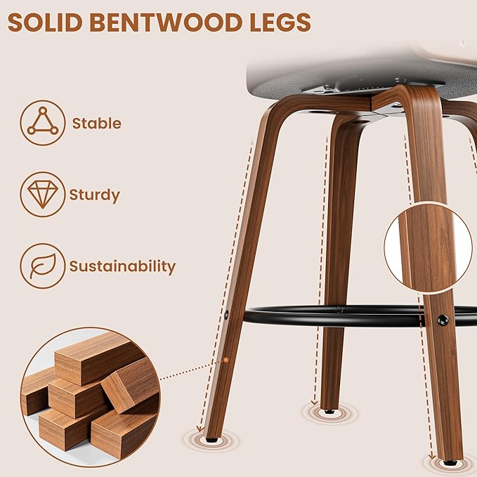 Bar Stools Set of 3, 26" Counter Height Barstools with Bentwood Legs, Swivel Counter Stools with Back, Mid Century Modern Faux Leather Upholstered Bar Chairs for Kitchen Island, Black