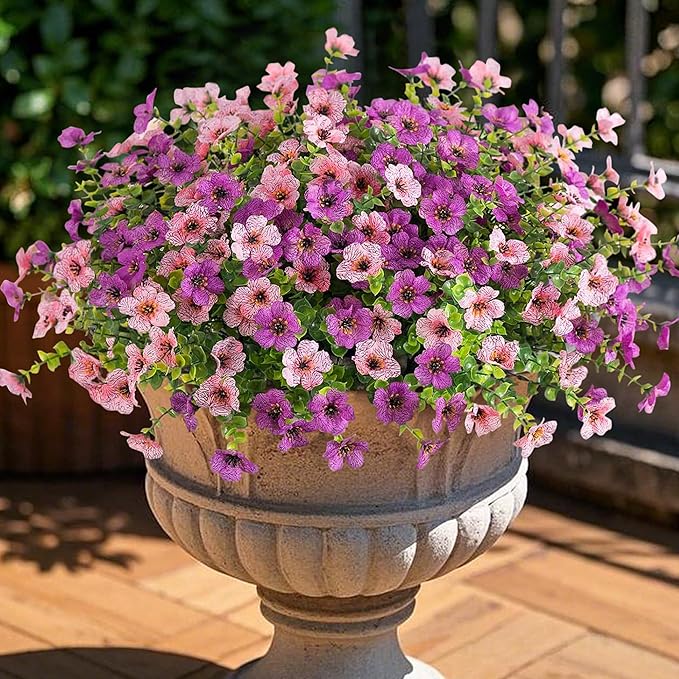 Artificial Fake Plants Flowers for Outdoor Fall Decor, 12 Bundles Faux Silk Mums for Planter Pot Colorful UV Resistant Look Real for Front Door Porch Patio Outside Yard(Purple Pink)
