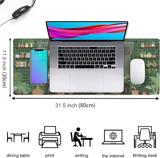 Kawaii Rainy Night Desk Mat Green Plants Gaming Mouse Pad XL, Aesthetic Anime Black Cat Desk Pad Laptop Computer Keyboard Mouse Mat, Desktop Decor Accessories for Girl Women Office 31.5"x11.8"