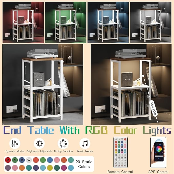 End Table with LED Light,Record Player Stand with Albums Storage,Vinyl Records Storage,Turntable Stand Side Table for Music Room Studio Living Room Bedroom-White