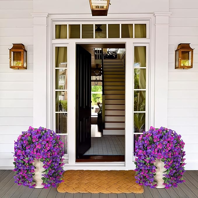 2 pcs Artificial Faux Bougainvillea Flowers Plants for Outdoor Outside Summer Decoration, Fake Silk UV Resistant Long Trailing Vines for Front Door Porch Planter Balcony, Deep Purple Deep Lotus