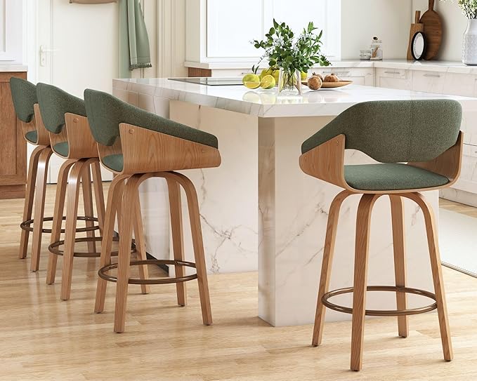 HNY 26 Inch Swivel Bar Stools with Back Set of 6, Green Linen Upholstered Counter Height Barstools with Solid Bentwood Frame, Round Footrest, Modern Barrel Counter Stools for Kitchen Island, Home Bar
