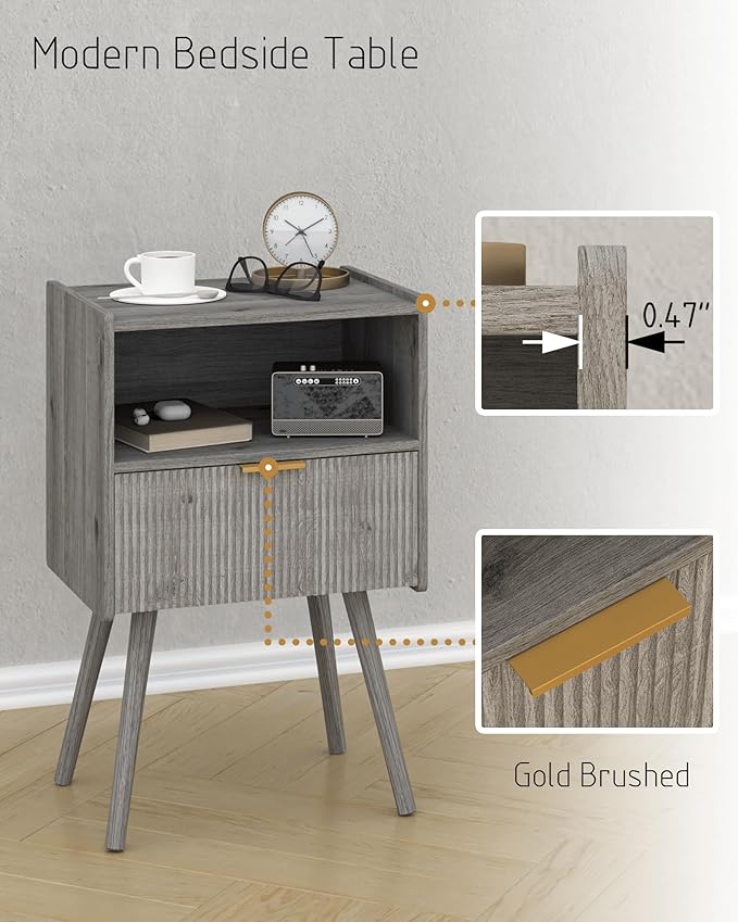 Nightstand,Modern Bedside Table with Storage Drawer and Open Wood Shelf, for Living Room, Bedroom and Small Spaces, Accent Night Stand with Solid Wood Legs, Easy Assembly,Grey Oak