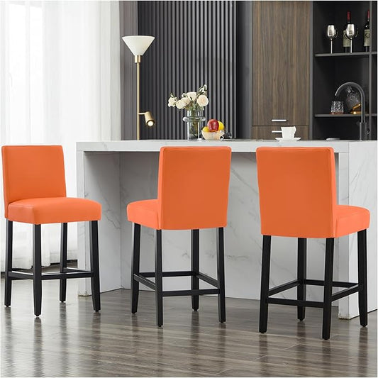 26'' Faux Leather Bar Stools Set of 3, Modern Upholstered Bar Chairs with Back, Soild Wood Legs Barstools for Kitchen Island, Orange