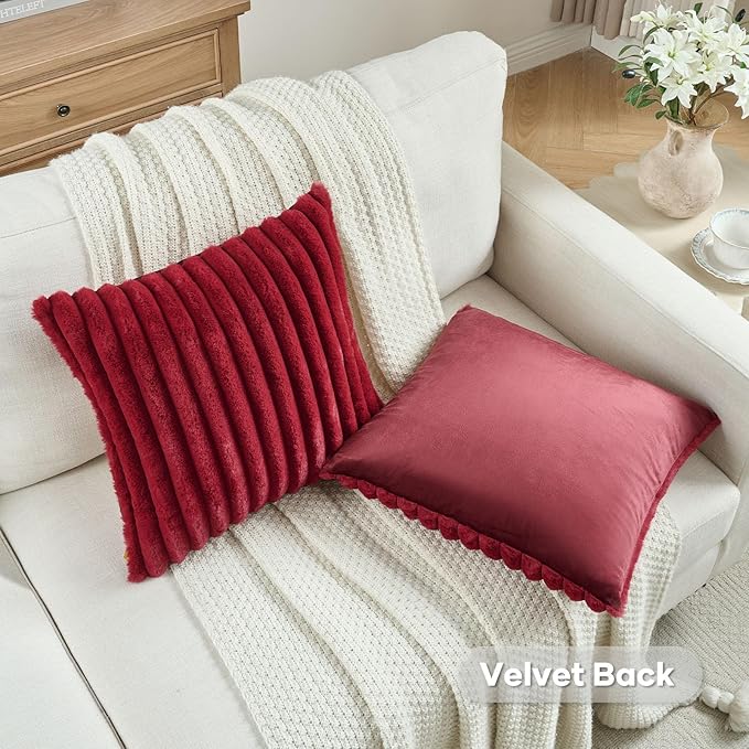 FUTEI Burgundy Striped Decorative Throw Pillow Covers 16x16 Inch Set of 2,Wine Red Square Fall Decorations Couch Pillow Case,Soft Cozy Faux Rabbit Fur & Velvet Back,Modern Home Decor for Bed
