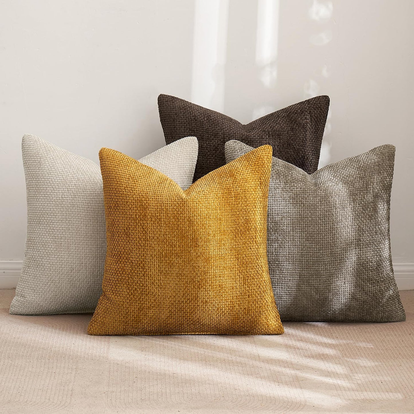 MIULEE Pack of 4 Couch Throw Pillow Covers 20x20 Inch Neutral Gold/Brown Soft Decorative Chenille Pillow Covers Farmhouse Accent Cushion Covers for Boho Home Decor Sofa Bedroom Living Room