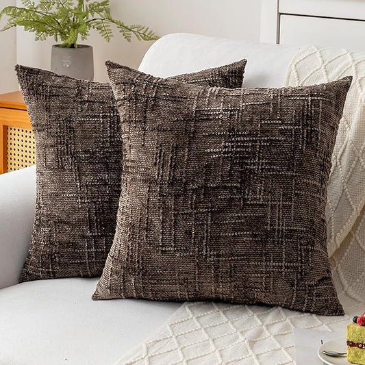 Decorative Throw Pillow Covers 20x20 Inch Set of 2, Soft Solid Farmhouse Chenille Couch Pillows, Spring Pillow Covers for Couch Sofa Bed Living Room Home Decor Pillowcase, Brown