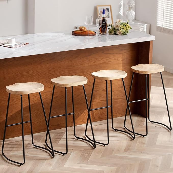 HeuGah Bar Stools Set of 4, Saddle Seat Bar Stools with Metal Legs, Rustic Backless Counter Height Stools, Industrial Counter Stools (Burlywood, 30 Inch)