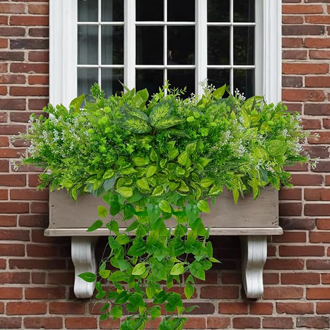 Faux Greenery for Outdoor Planters, 16 Bundles Realistic Fake Green Plastic Plants Artificial Bushes Decor Greenery for Outdoors UV Resistant for Garden Patio Porch Window Box