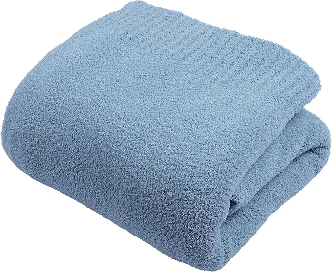 JOOJA Dusty Blue Fuzzy Knitted Blanket, Soft Lightweight Plush Queen Size for Bed, Cozy Nights in Dusty Blue, 90x90