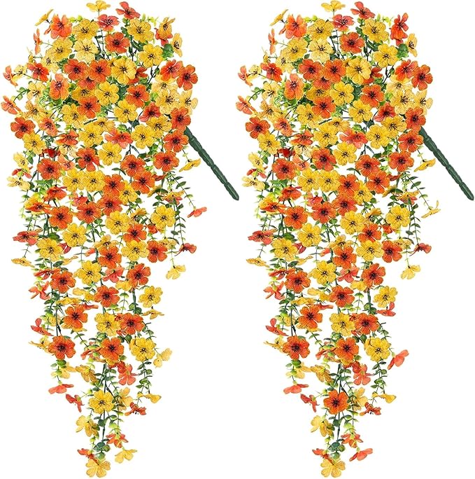 Fake Mums Artificial Hanging Flowers for Outdoor Fall Decoration, 2 PCS Silk Daisy Flower Realistic Faux Plants UV Resistant for Porch Patio Window Yard Outside Autumn Decor(Yellow Orange)