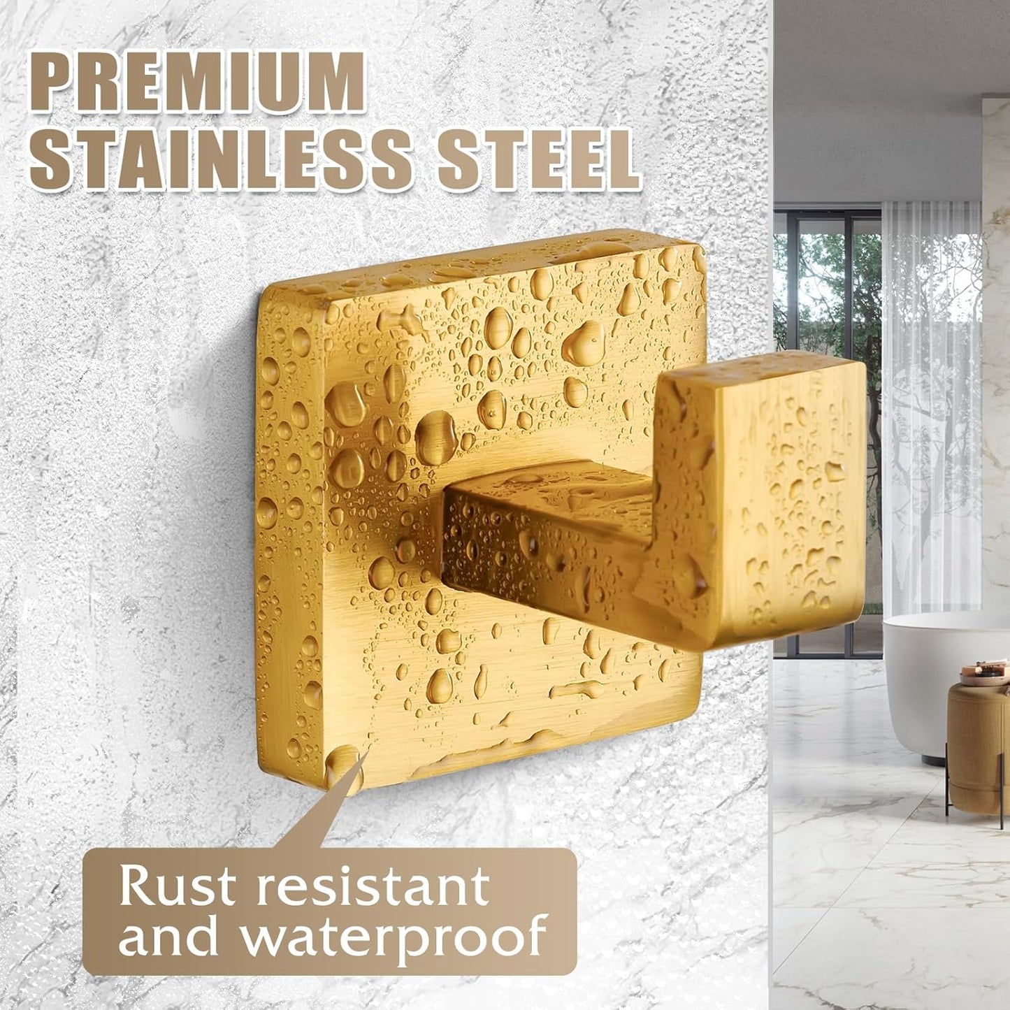 Towel Hooks for Bathrooms Robe Hook Coat Hook 4 Pack Brushed Gold Stainless Steel Heavy Duty Wall Mounted Square Hooks for Bathroom Kitchen Bedroom