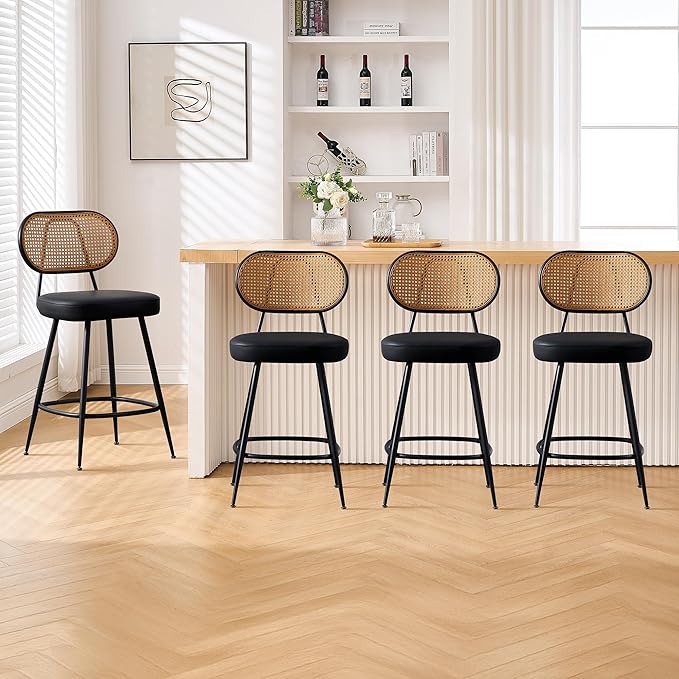 BFZ Counter Height Bar Stools Set of 4, 26" Seat Height Barstools with Rattan Back and Metal Legs, Upholstered Faux Leather Bar Chairs for Kitchen Island, Home Bar, Beige