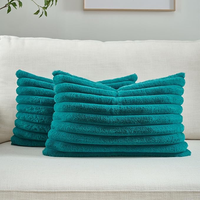 FUTEI Teal Green Striped Decorative Throw Pillow Covers 12x20 Inch Set of 2,Rectangle Fall Decorations Couch Lumbar Pillowcase,Soft Cozy Faux Rabbit Fur & Velvet Back,Modern Home Decor for Bed