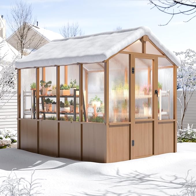 6x8 FT Greenhouse, Wooden Walk-in Greenhouse for Outdoors with 6MM Thick Polycarbonate Panel and Adjustable Roof Vents, Garden Backyard, Patio, Lawn, Wood Colour