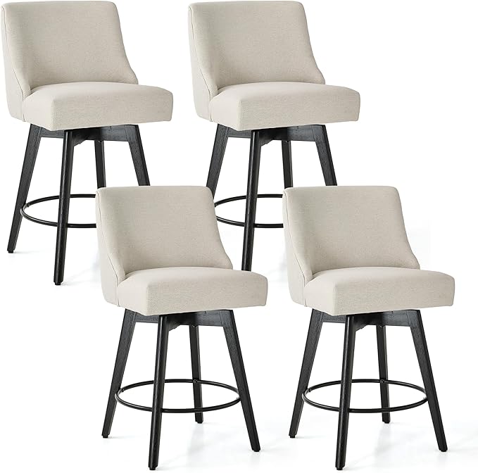 Vipbear Counter Height Bar Stools Set of 4, 26" H Swivel Bar Stools with Backs, Linen Fabric Upholstered Bar Chairs with Solid Wood Legs for Kitchen Island, Dining Room, Home Bar, White