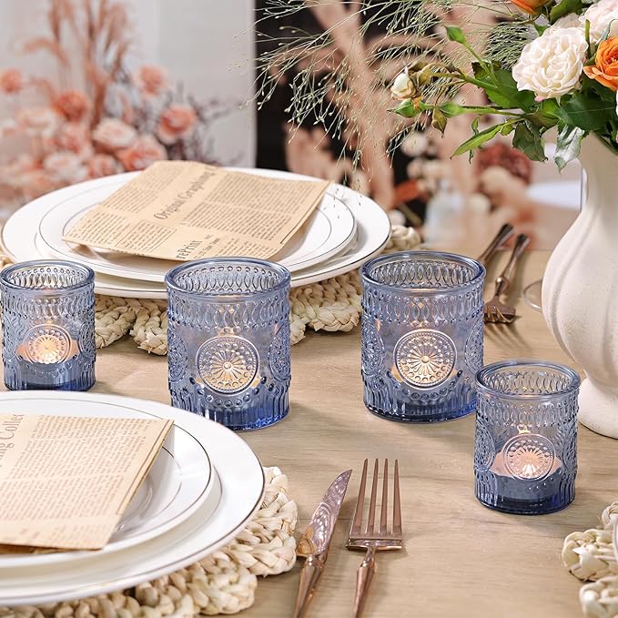 Volens 20pcs Assorted Blue Votive Candle Holders with 20pcs Tealight Candles, Large Glass Votive & Tea Light Candle Holder for Wedding Table Centerpieces, Christmas Party Decorations, Fall Home Decor