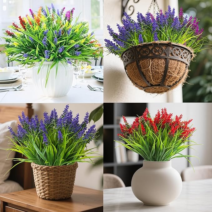 Realistic Artificial Flowers and Plants for Outdoors-24 Bundles Bulk Plastic Flowers, Colorful Faux Lavender Monkey Grass,UV Resistant Fake Plants for Outside,Porch,Window Box,Summer Decor(Mixed)