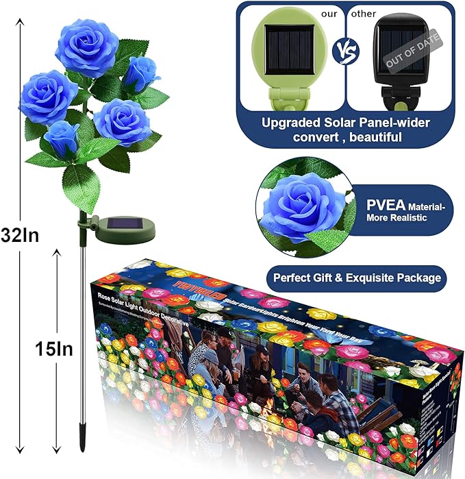 Solar Flower Lights Outdoor - Upgraded New Material Two Modes Realistic LED Solar Powered Waterproof Lights with 5 Roses, Solar Flower Decorativ for Garden (Blue, 1 Pack)