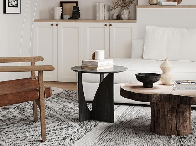 Round Side Table,Modern Aesthetic End Table with Oak Veneer,Wood Accent Table for Living Room, Bedroom (A, Black)