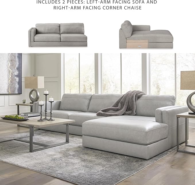 Signature Design by Ashley Amiata Modern L-Shaped Leather Match 2-Piece Sectional with Chaise, Light Gray