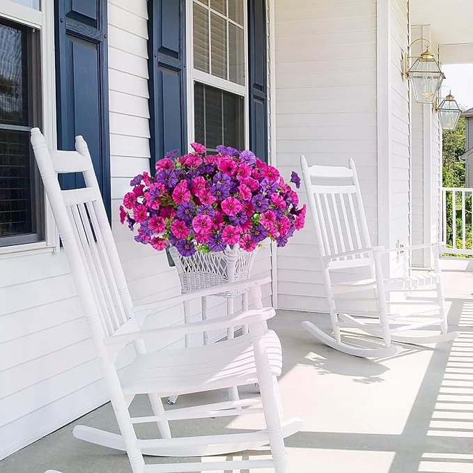 Artificial Flowers for Outdoors Decoration, 10 Bundles Fake Plastic Flower Plant, Faux Colorful Silk Morning Glory Petunias for Outside Garden Porch Front Door Decor, Purple
