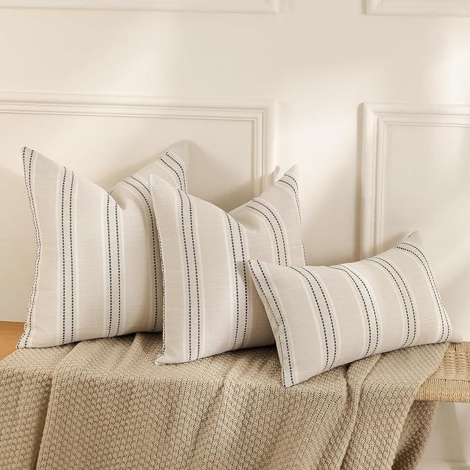 Hckot Decorative Pillow Covers 18x18 Striped Throw Pillows Textured Linen Pillow Covers Farmhouse Decor Cushion Covers for Couch Bed Living Room, Grey