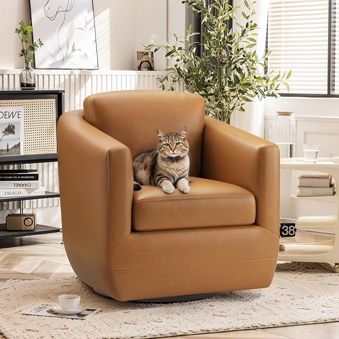 COLAMY 360° Swivel Accent Chair Set of 2 with Pillow, Leather Living Room Armchair No-Sag Foam & Sturdy Metal Base, Fully Assembled Swivel Single Sofa for Bedroom Living Room, Reading Room, Brown