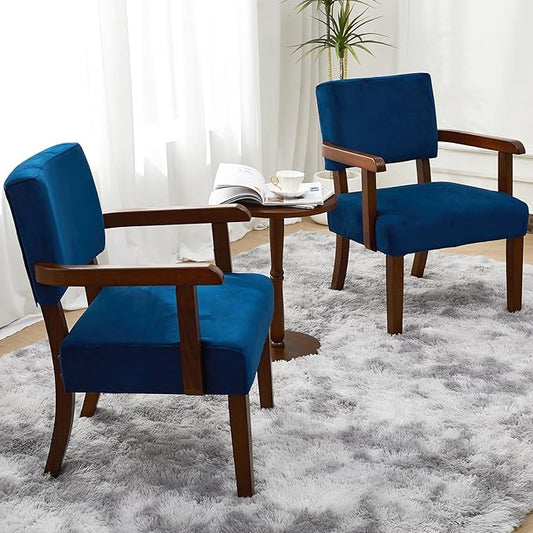 Accent Chair Set of 2 with Table, Living Room Chairs with Velvet Soft Seat & Armrests for Living Room Bedroom Reading Room Waiting Room (Velvet Navy)