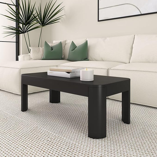 Plank+Beam Small Modern Rounded Coffee Table, 40 Inch, Solid Wood Contemporary Center Table for Living Room, Rectangle Tea Table, Black