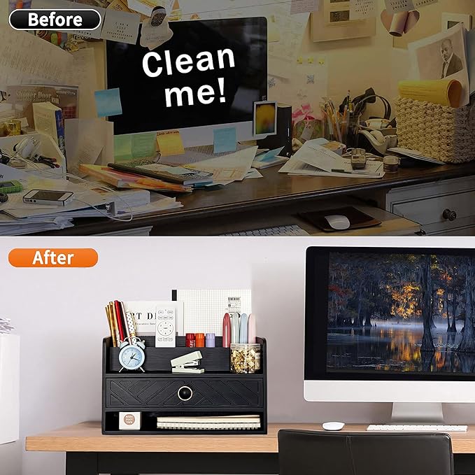 Black Wood Desk Organizer and Accessories with Drawer, Bill Mail Organizer and File Mail Holder for Office Supplies, Desk Accessories & Workspace Organizers for Desk Organization