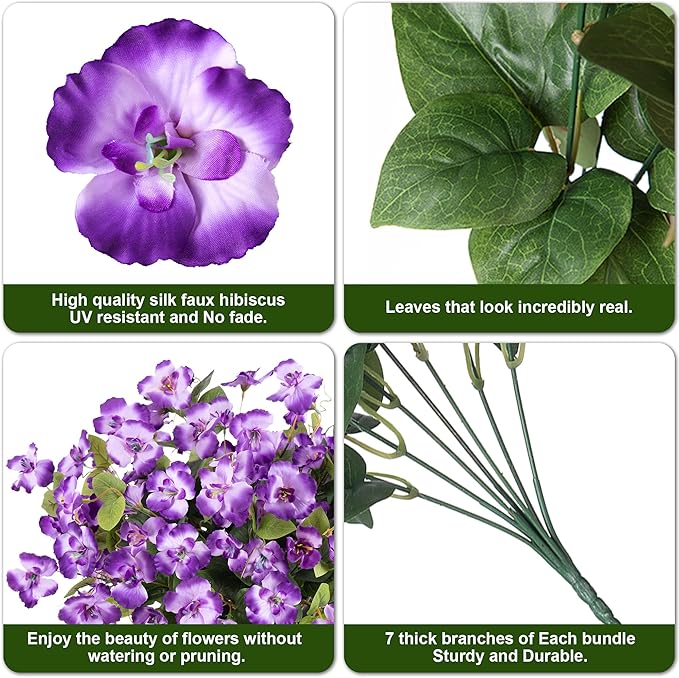 Fake Hibiscus Artificial Flowers for Outdoors Spring Summer Decoration, 6 Bundles Silk Purple Hibiscus Flowers Bouquet UV Resistant Look Real Faux Plants for Outside Planter Front Door Porch Balcony