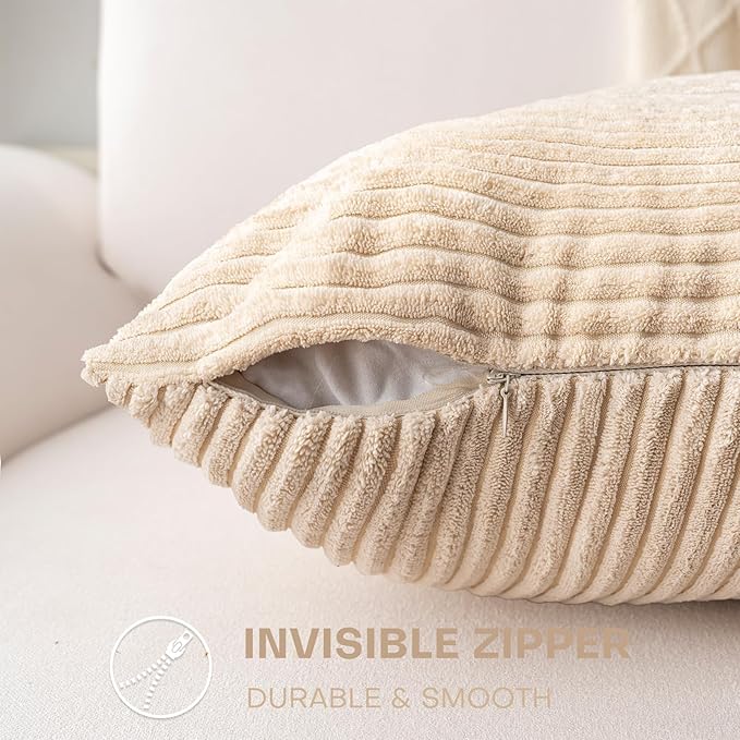 Decorative Throw Pillow Covers 18x18 Inch Set of 2 for Boho Living Room Farmhouse Home Decor, Spring Pillow Covers for Couch Bed, Soft Corduroy Striped Patchwork Cushion Cases, Tan