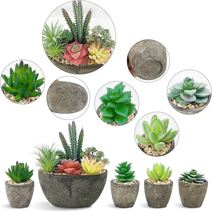 Succulents Plants Artificial Set of 5, Realistic Fake Succulents with Cement Like Pots for Home Office Decoration.