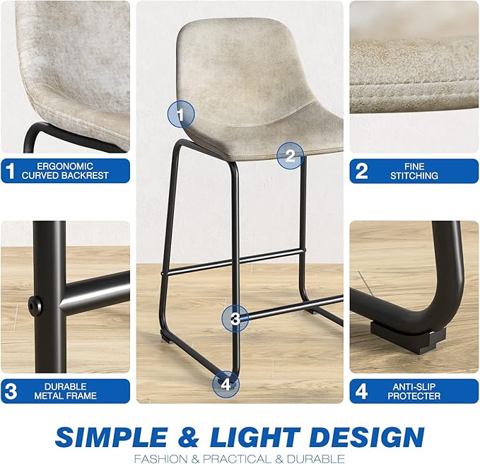 Rfiver Pu Faux Leather Bar Stools Set of 3, Industrial Pub Barstools with Back and Footrest, Modern Armless Bar Height Stool Chairs (Beige, 24" Counter Chair x3)