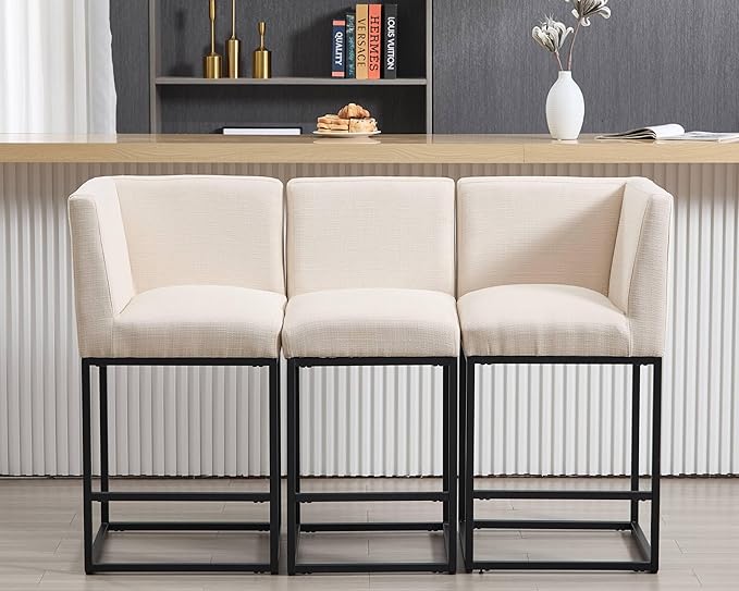 VESCASA 27" Counter Height Bar Stools with Padded Back, Modern Upholstered Counter Stool Chairs with Black Metal Frame for Kitchen Island, Linen Cream, 1 Left Side Seat and 1 Right Side Seat